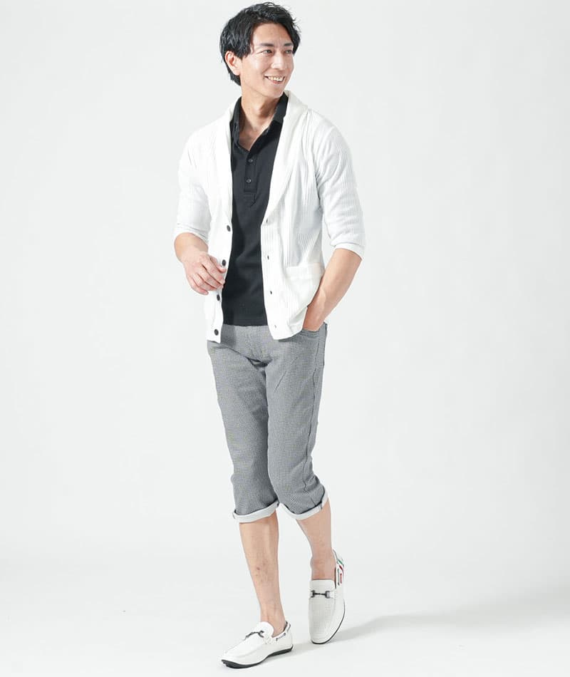 ランダムテレコ素材ショールカラー７分袖カーディガン