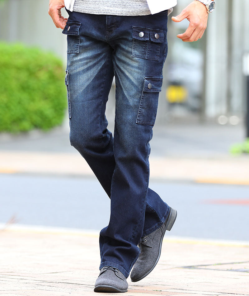 脚長く見えるスリムストレッチブーツカットフレアデニムカーゴパンツ