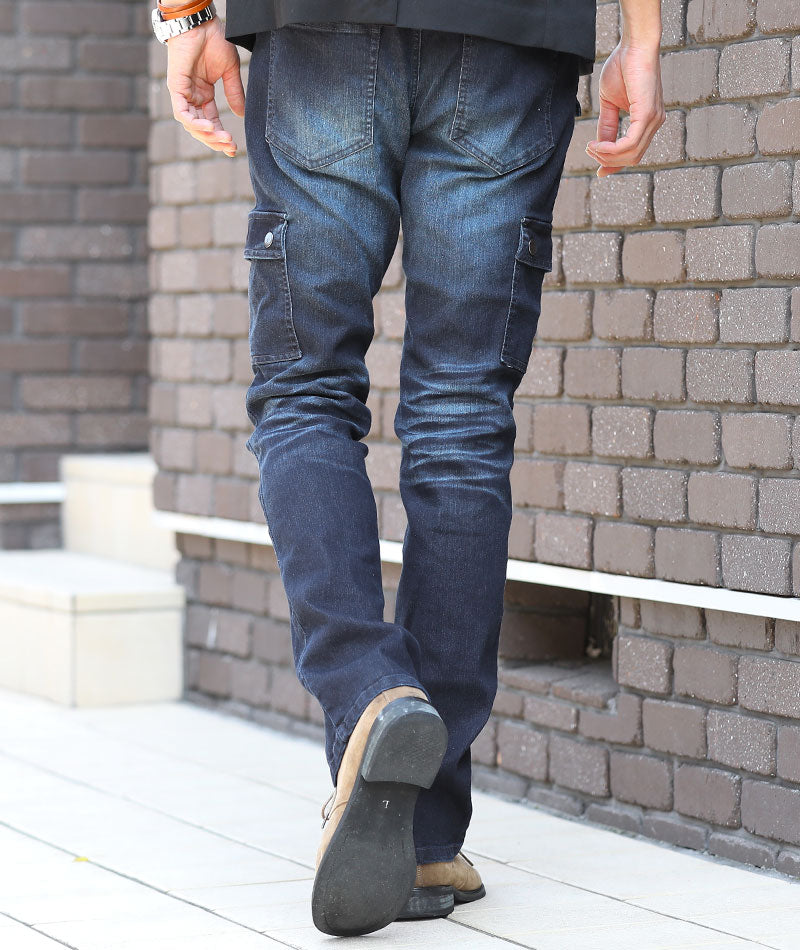 脚長く見えるスリムストレッチブーツカットフレアデニムカーゴパンツ