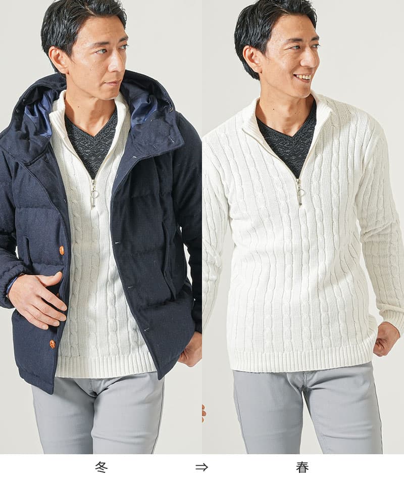 ハーフジップケーブル編みスタンドニットアウター