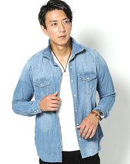 (150) 色落ち加工襟ワイヤー入りウエスタンデニムシャツ