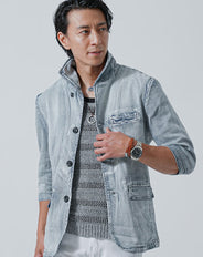 イタリアンスタンドカラー7分袖ブリーチデニムジャケット