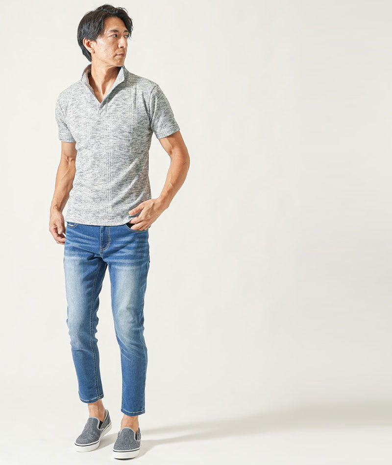 ランダムテレコ襟ワイヤー入り半袖・7分袖立ち襟スタンドカラースキッパーポロシャツ