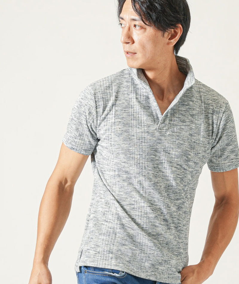 ランダムテレコ襟ワイヤー入り半袖・7分袖立ち襟スタンドカラースキッパーポロシャツ