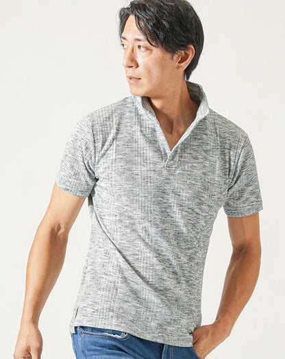 ランダムテレコ襟ワイヤー入り半袖・7分袖立ち襟スタンドカラースキッパーポロシャツ