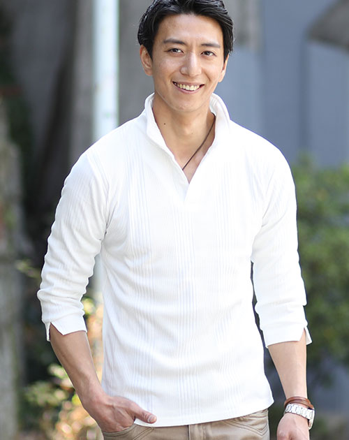 ランダムテレコ襟ワイヤー入り半袖・7分袖立ち襟スタンドカラースキッパーポロシャツ