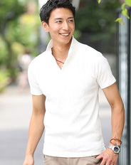 ランダムテレコ襟ワイヤー入り半袖・7分袖立ち襟スタンドカラーポロシャツ