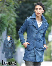 襟ワイヤー入りストレッチ素材デニムトレンチコート