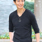 「ブラックのみSALEページ」ランダムテレコVネック無地Tシャツ　７分袖・半袖