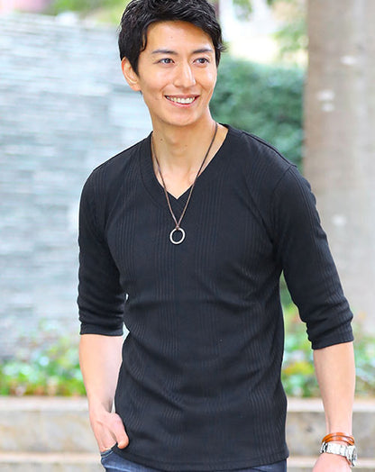 「ブラックのみSALEページ」ランダムテレコVネック無地Tシャツ　７分袖・半袖