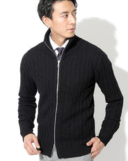ケーブル編み込みジップアップスタンドニットアウター Biz