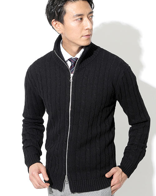 メンズにおすすめのケーブル編み込みジップアップスタンドカラーニットアウター Biz