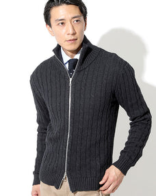 ケーブル編み込みジップアップスタンドカラーニットアウター Biz