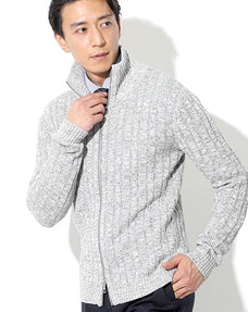 ケーブル編み込みジップアップスタンドカラーニットアウター Biz