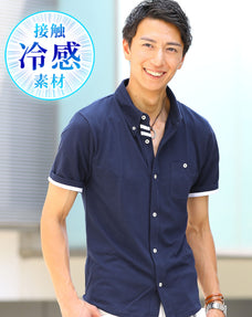 涼しい接触冷感鹿の子素材ラインデザイン前開き半袖・7分袖ポロシャツ