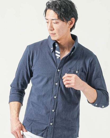 涼しい接触冷感鹿の子素材ラインデザイン前開き半袖・7分袖ポロシャツ