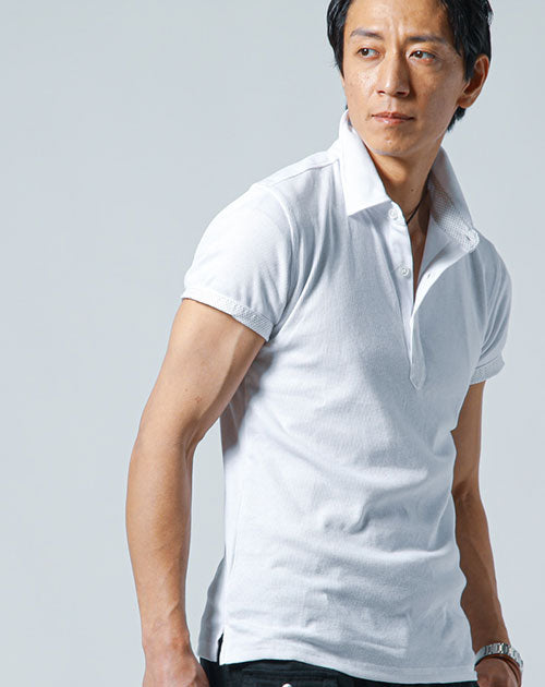 裏地ドットデザイン7分袖・半袖テレコ素材ポロシャツ