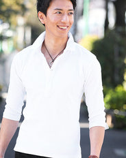 裏地ドットデザイン7分袖・半袖テレコ素材ポロシャツ