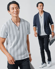 40代メンズ3点コーデセット ネイビー7分袖テーラードジャケット×白半袖Tシャツ×黒スリムイチノパンツ