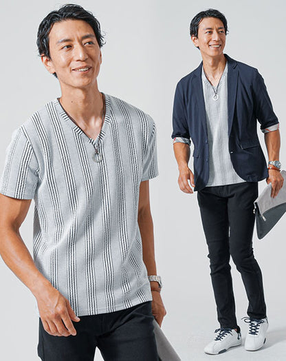 40代メンズ3点コーデセット　ネイビー7分袖テーラードジャケット×白半袖Tシャツ×黒スリムイチノパンツ