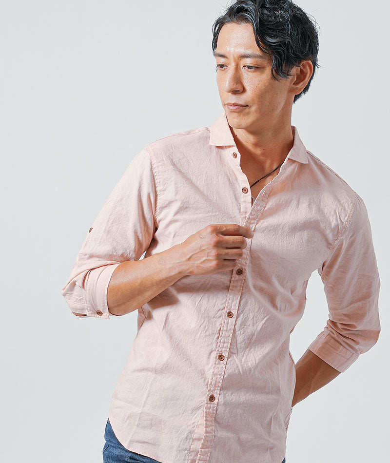 40代メンズ3点コーデセット　ピンク7分袖綿麻シャツ×白7分袖Tシャツ×スリムインディゴデニムパンツ