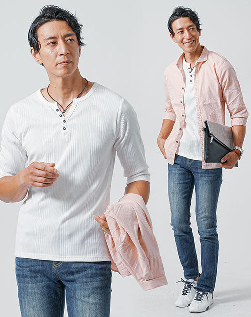 40代メンズ3点コーデセット ピンク7分袖綿麻シャツ×白7分袖Tシャツ