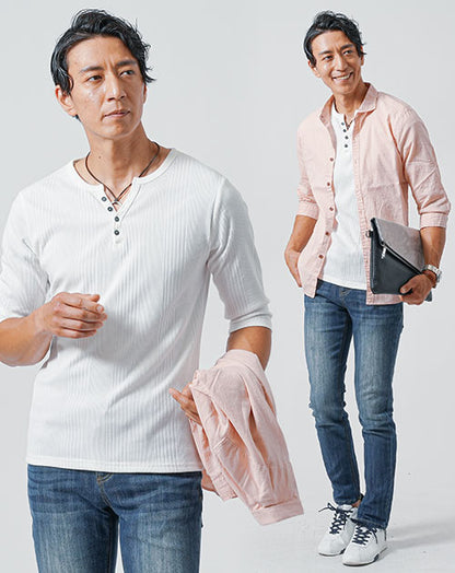 40代メンズ3点コーデセット　ピンク7分袖綿麻シャツ×白7分袖Tシャツ×スリムインディゴデニムパンツ