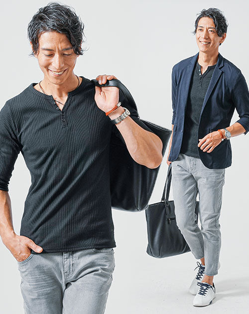 40代メンズ3点コーデセット　ネイビー7分袖テーラードジャケット×黒7分袖Tシャツ×グレーアンクルパンツ