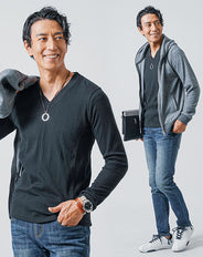 3点コーデセット チャコール長袖パーカー×黒長袖Tシャツ×スリムインディゴデニムパンツ