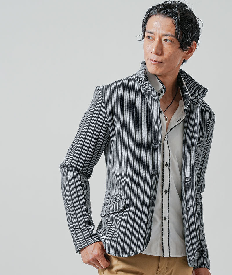40代メンズ3点コーデセット　グレー長袖ジャケット×白長袖シャツ×ベージュスリチノパンツ