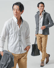 40代メンズ3点コーデセット　グレー長袖ジャケット×白長袖シャツ×ベージュスリチノパンツ
