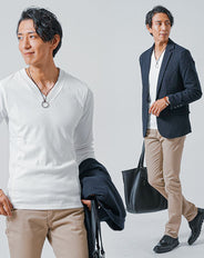 40代メンズ3点コーデセット　ネイビー長袖テーラードジャケット×白長袖Tシャツ×ベージュスリムチノパンツ