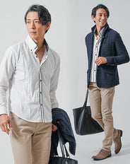 3点コーデセット　ネイビースタンドカラージャケット×白長袖シャツ×ベージュスリムチノパンツ