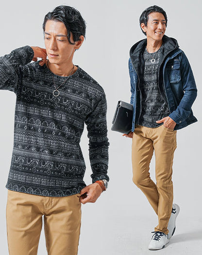 40代メンズ3点コーデセット　長袖デニムジャケット×黒長袖Tシャツ×ベージュスリムチノパンツ