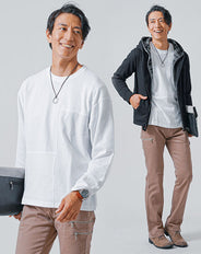 3点コーデセット 黒パーカー×白長袖Tシャツ×ベージュブーツカットチノパンツ