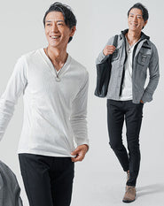 40代メンズ3点コーデセット　千鳥柄長袖シャツパーカー×白長袖Tシャツ×黒スリムチノパンツ