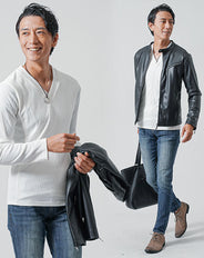 3点コーデセット 黒PUレザー長袖ジャケット×白長袖Tシャツ×インディゴスリムデニムパンツ