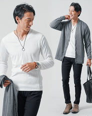 3点コーデセット　黒長袖カーディガン×白長袖Tシャツ×黒スリムチノパンツ