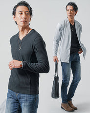 40代メンズ3点コーデセット 白長袖カーディガン×黒長袖Tシャツ×スリムデニムパンツ