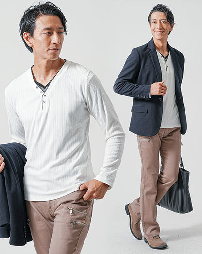 40代メンズ3点コーデセット　ネイビー長袖テーラードジャケット×白長袖Tシャツ×ベージュブーツカットチノパンツ
