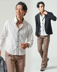 40代メンズ3点コーデセット 黒長袖テーラードジャケット×白長袖シャツ×ベージュスリムブーツカットチノパンツ