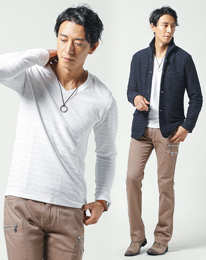 40代メンズ3点コーデセット　ネイビー長袖スタンドカラージャケット×白長袖Tシャツ×ベージュスリムブーツカットチノパンツ