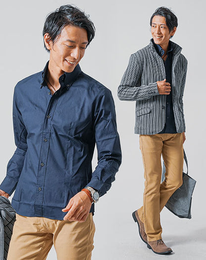 40代メンズ3点コーデセット　グレー長袖スタンドカラージャケット×ネイビー長袖日本製シャツ×スリムブーツカットチノパンツ