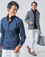 3点コーデセット グレー長袖スタンドカラージャケット×ネイビー日本製長袖シャツ×白スリムチノパンツ