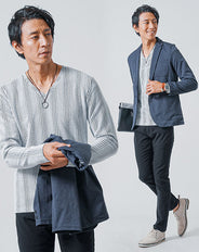 3点コーデセット ネイビー長袖テーラードジャケット×白長袖Tシャツ×黒スリムチノパンツ