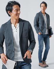 3点コーデセット チャコーる長袖テーラードジャケット×白長袖Tシャツ×スリムデニムパンツ