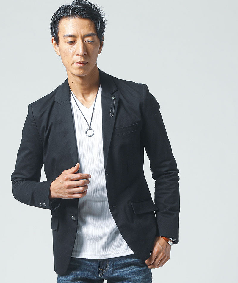 40代メンズ3点コーデセット　黒長袖テーラードジャケット×白長袖Tシャツ×スリムデニムパンツ