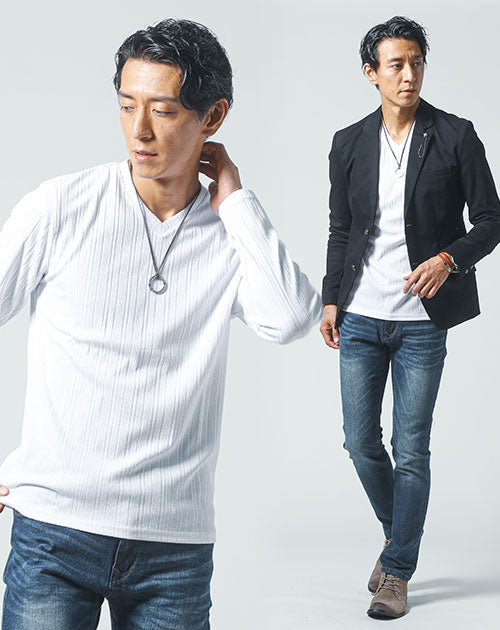 3点コーデセット　黒長袖テーラードジャケット×白長袖Tシャツ×スリムデニムパンツ