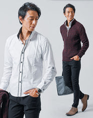 40代メンズ3点コーデセット　ワイン長袖ニットアウター×白長袖シャツ×黒スリムチノパンツ