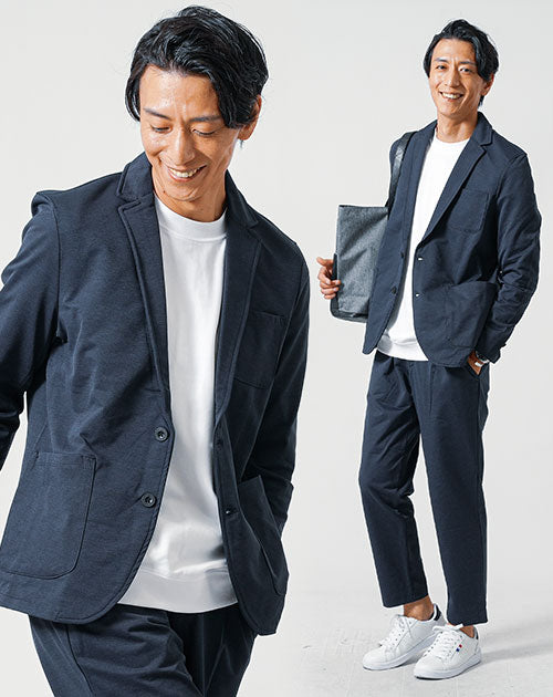 40代メンズ3点コーデセット セットアップ ネイビー長袖テーラードジャケット×白長袖Tシャツ×ネイビーイージーパンツ